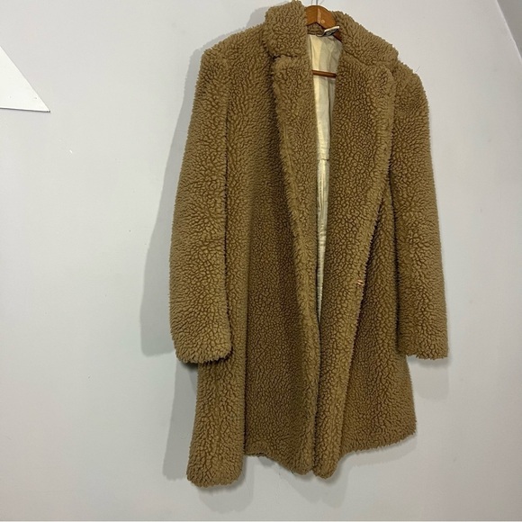 Vintage tan teddy car coat cozy sherpa style trench plush fluffy neutral jacket - Picture 12 of 15